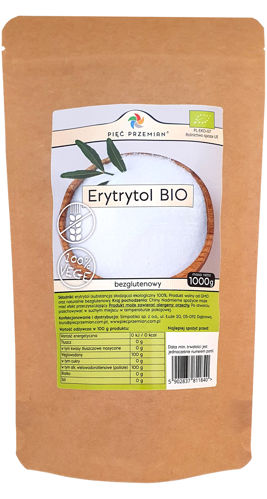 Erytrytol BIO 1000 g - Pięć Przemian