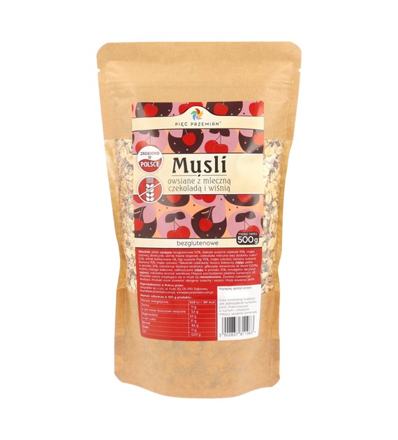 Musli owsiane z wiśnią i mleczną czekoladą bezglutenowe 500 g - Pięć Przemian