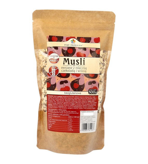 Musli owsiane z wiśnią i mleczną czekoladą bezglutenowe 500 g - Pięć Przemian