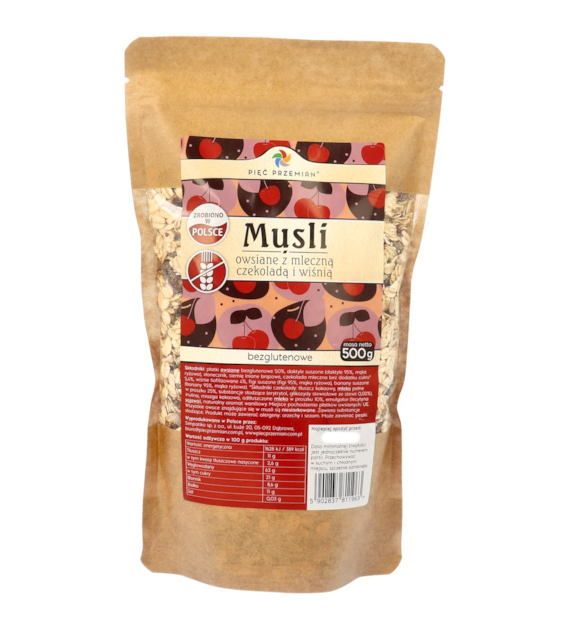 Musli owsiane z wiśnią i mleczną czekoladą bezglutenowe 500 g - Pięć Przemian