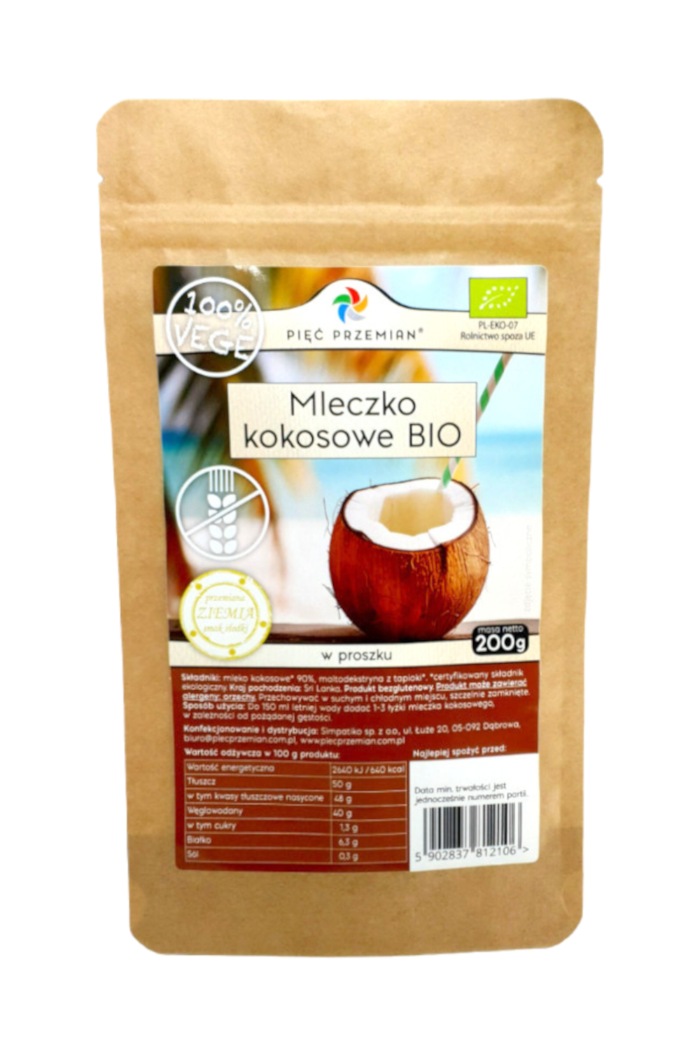 Napój kokosowy BIO w proszku bezglutenowe 200 g - Pięć Przemian
