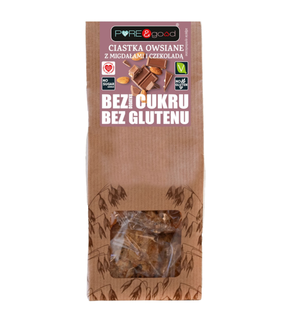 Ciastka owsiane z migdałami i czekoladą bez glutenu, bez dodatku cukru 150 g Pure&Good - Mercatare