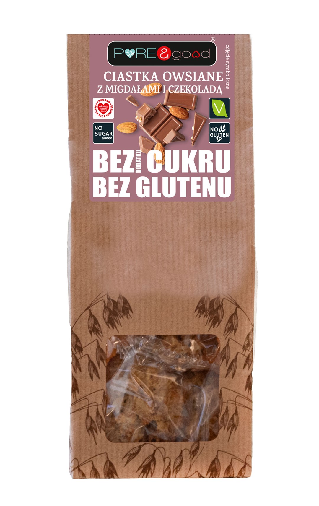 Ciastka owsiane z migdałami i czekoladą bez glutenu, bez dodatku cukru 150 g Pure&Good - Mercatare