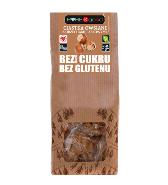 Ciastka owsiane z orzechami laskowymi bez glutenu, bez dodatku cukru 150 g Pure&Good - Mercatare