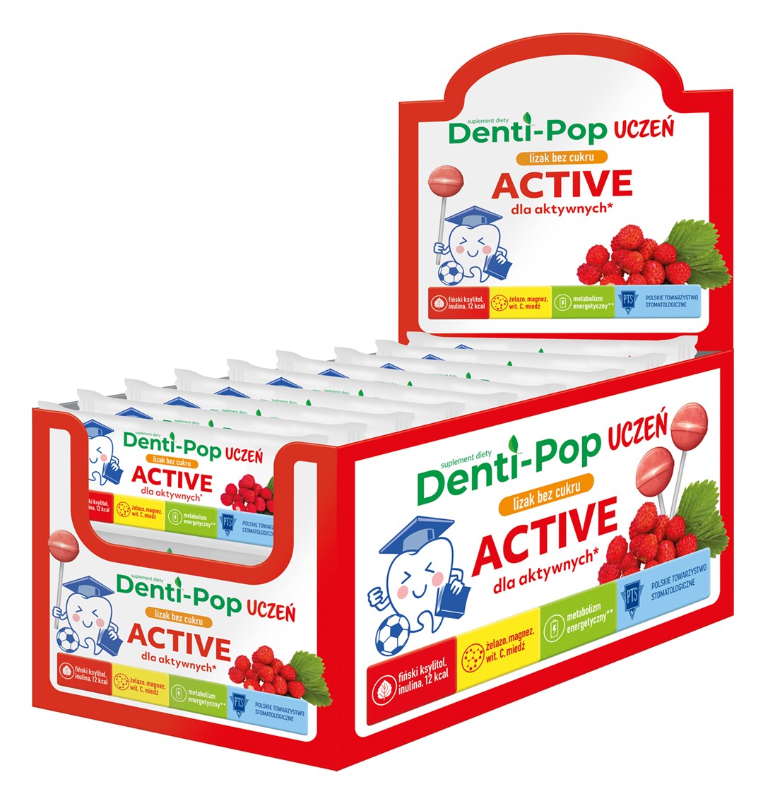 Denti-Pop Uczeń Active Lizak bez cukru o smaku poziomkowym (Żelazo, magnez, wit. C, miedź) KSZTAŁT KULKI - Starpharma