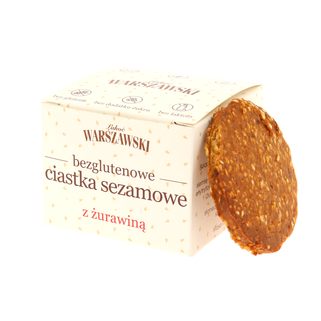 Ciastka sezamowe z żurawiną bezglutenowe 150 g - Łakoć Warszawski - Baton Warszawski