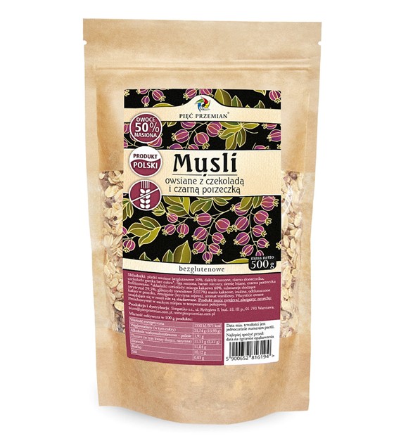 Musli owsiane z czekoladą i czarną porzeczką bezglutenowe 500 g - Pięć Przemian