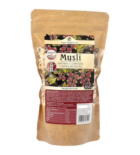 Musli owsiane z czekoladą i czarną porzeczką bezglutenowe 500 g - Pięć Przemian