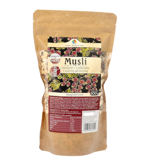 Musli owsiane z czekoladą i czarną porzeczką bezglutenowe 500 g - Pięć Przemian