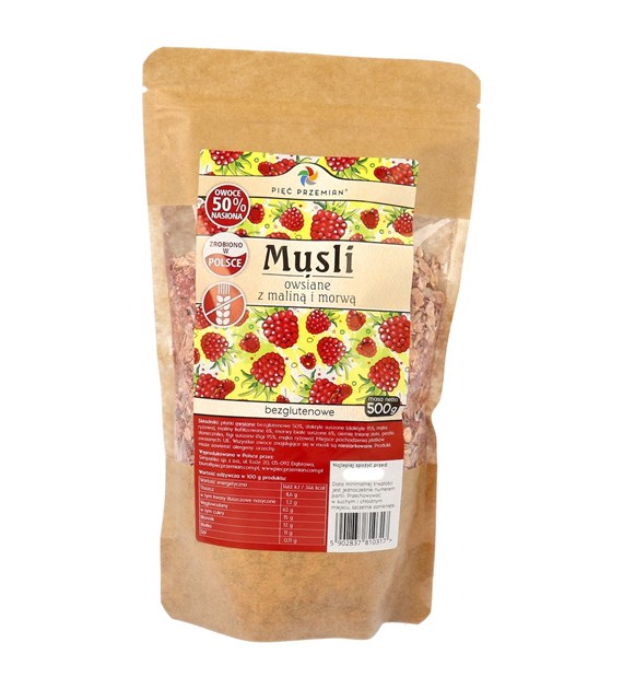 Musli owsiane malina z morwą bezglutenowe 500 g - Pięć Przemian