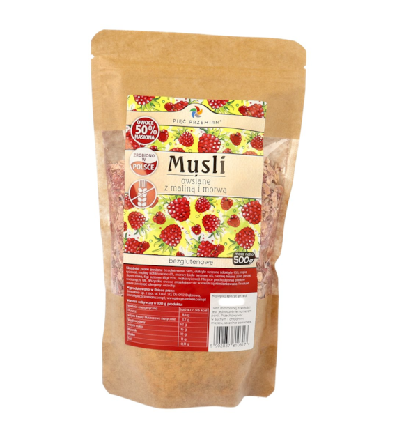 Musli owsiane malina z morwą bezglutenowe 500 g - Pięć Przemian