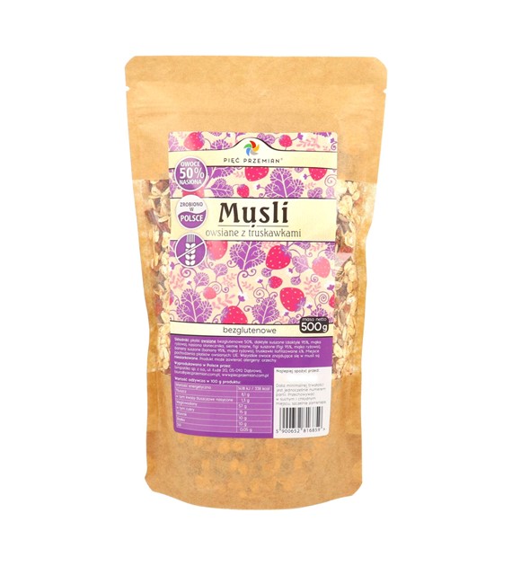 Musli owsiane z truskawkami bezglutenowe 500 g - Pięć Przemian