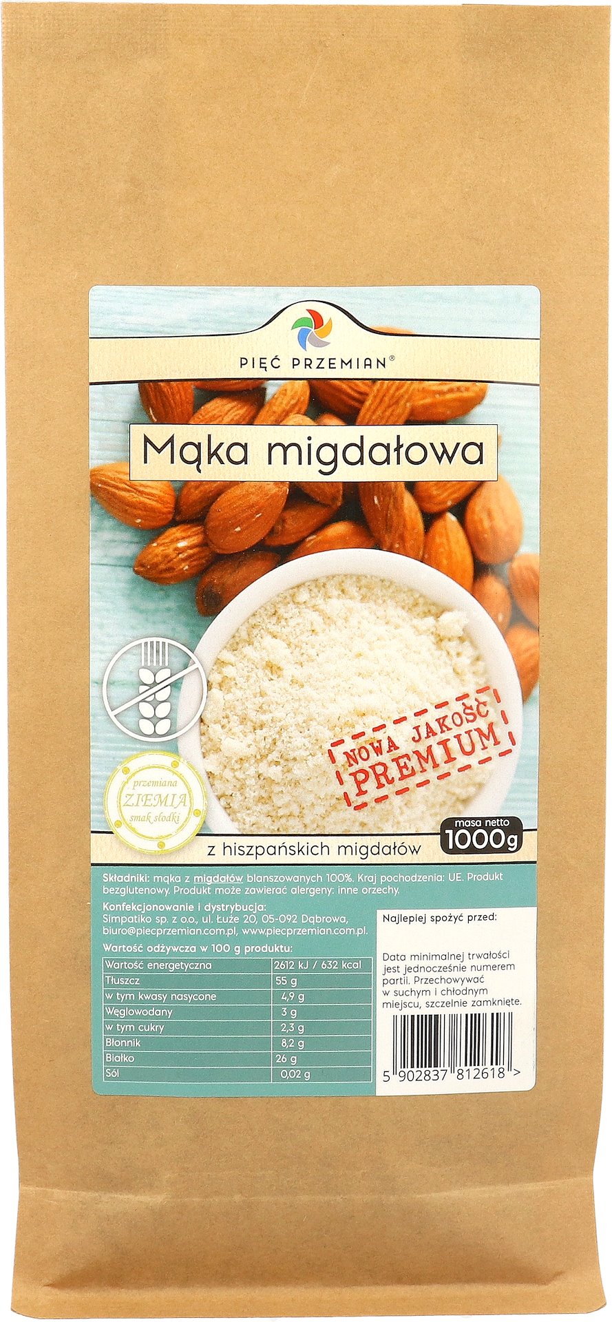 Mąka migdałowa PREMIUM bezglutenowa 1000 g - Pięć Przemian