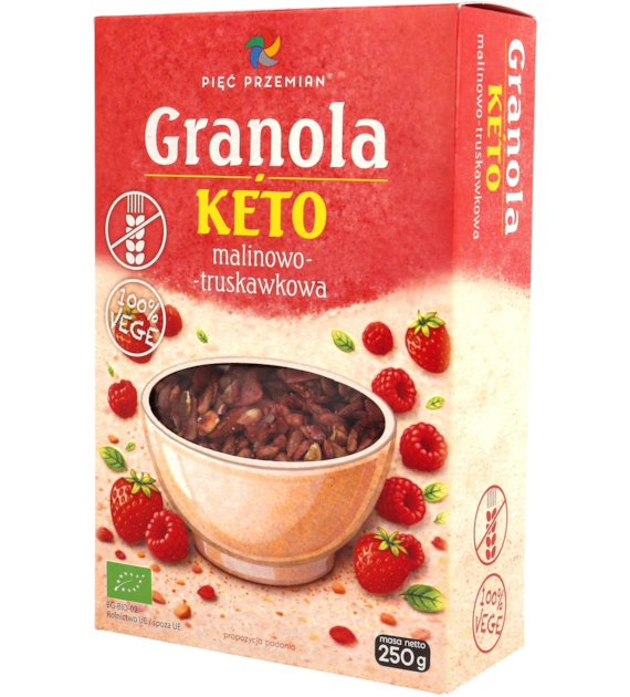 Granola KETO malinowo-truskawkowa bezglutenowa BIO 250 g - Pięć Przemian