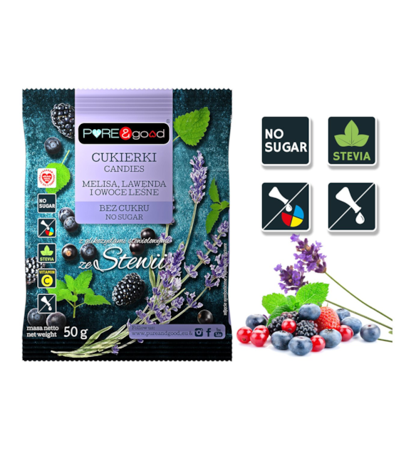 Cukierki z melisą, lawendą, owocami leśnymi ze stewią bez dodatku cukru 50 g - Pure&Good