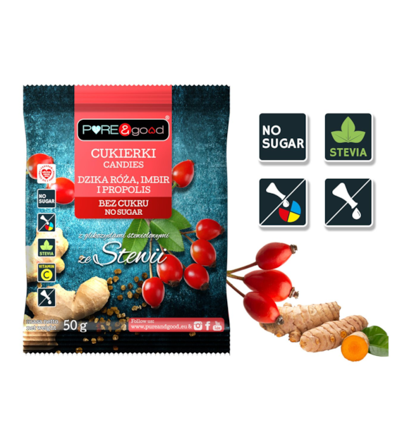 Cukierki z dziką różą, imbirem i propolisem ze stewią bez dodatku cukru 50 g - Pure&Good