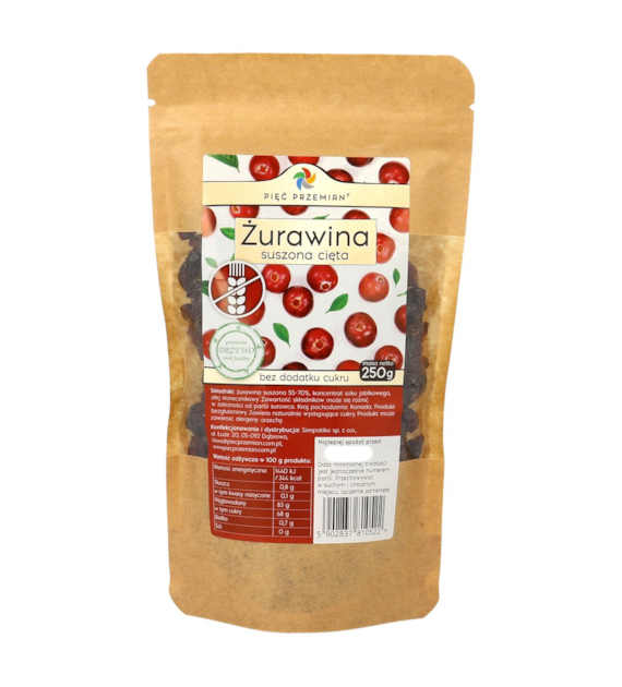 Żurawina suszona z sokiem jabłkowym cięta 250 g - Pięć Przemian
