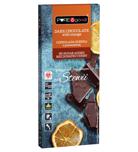 Czekolada gorzka z pomarańczą z erytrytolem i glikozydami stewiolowymi bez dodatku cukru 125 g- Pure&Good