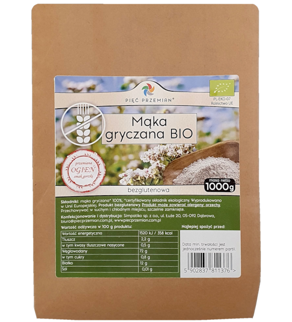 Mąka gryczana pełnoziarnista BIO bezglutenowa 1000 g - Pięć Przemian